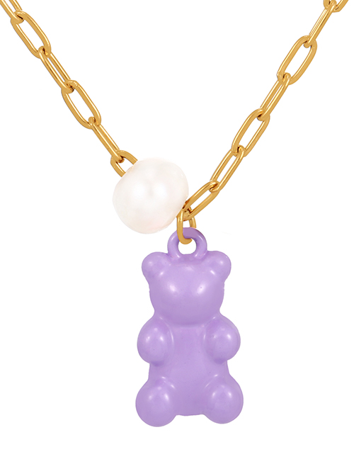 Fashion Purple Pearl Drop Oil Bear Pendant Titanium Steel Necklace