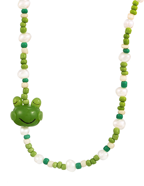 Fashion Green Pearl Resin Frog Rice Beaded Necklace