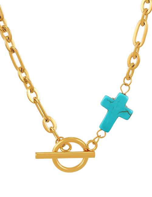 Fashion Lake Green-2 Titanium Steel Thick Chain Ot Buckle Cross Turquoise Necklace