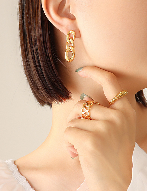Fashion R323-a Pair Of Golden Three-ring Earrings Titanium Steel Gold Plated Geometric Chain Stud Earrings