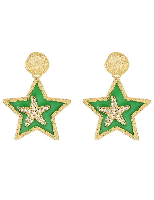 Fashion Green Alloy Diamond Resin Pentagram Stud Earrings