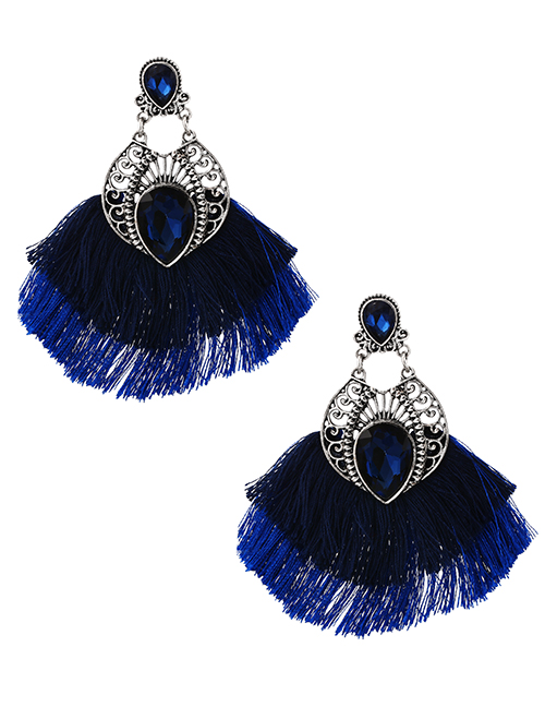Fashion Navy Blue Alloy Diamond Pattern Waterdrop Tassel Stud Earrings