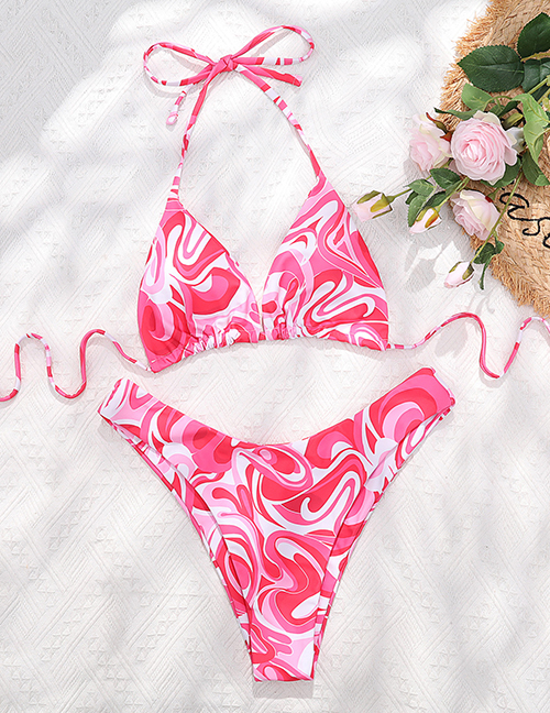 Fashion Pink Polyester Print Halter Tie Split Swimsuit