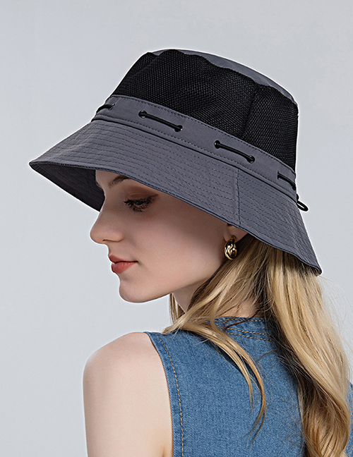 Fashion Dark Grey Nylon Mesh Panel Drawstring Bucket Hat