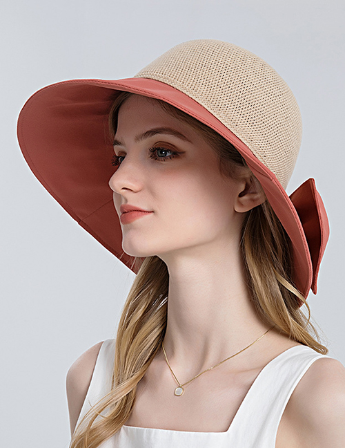 Fashion Brick Red Polyester Colorblock Bow Big Brim Bucket Hat