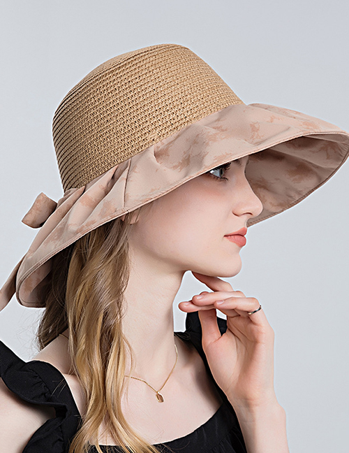 Fashion Khaki Geometric Tie Dye Straw Hat Big Brim Bow Bucket Hat