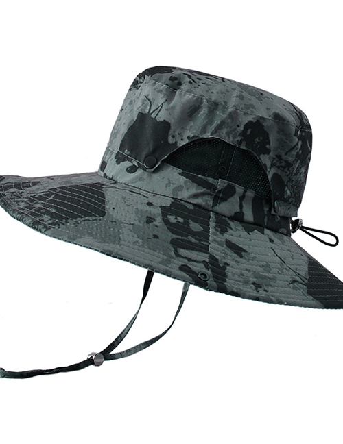 Fashion Double Top Camouflage Grey Polyester Print Big Brim Tie Bucket Hat