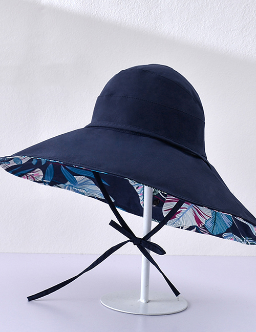Fashion Navy Blue Cotton Print Big Brim Tie Bucket Hat