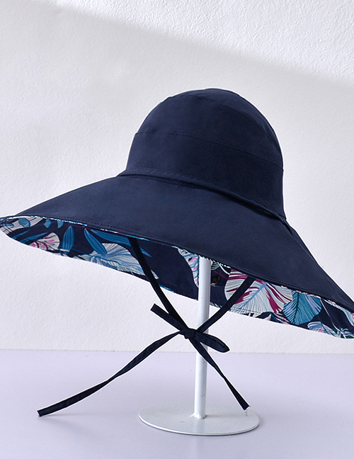 Fashion Navy Blue Cotton Polyester Printed Big Brim Tie Bucket Hat