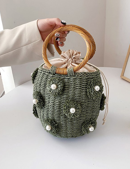 Fashion Green Straw Large Capacity Drawstring Tote Bucket Bag