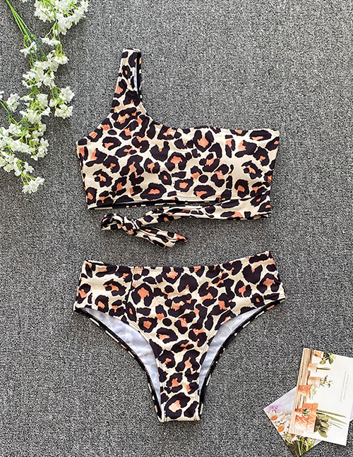 Fashion Leopard Print Polyester One-shoulder Strap Split Swimsuit