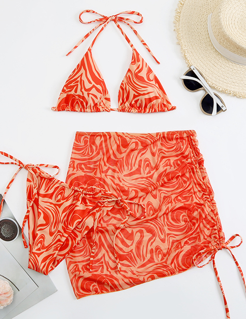 Fashion Orange Flower Polyester Halterneck Lace-up Printed Swimsuit Three-piece