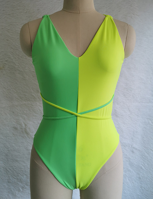 Fashion Green Plus Fluorescent Yellow Nylon Colorblock One Piece Swimsuit