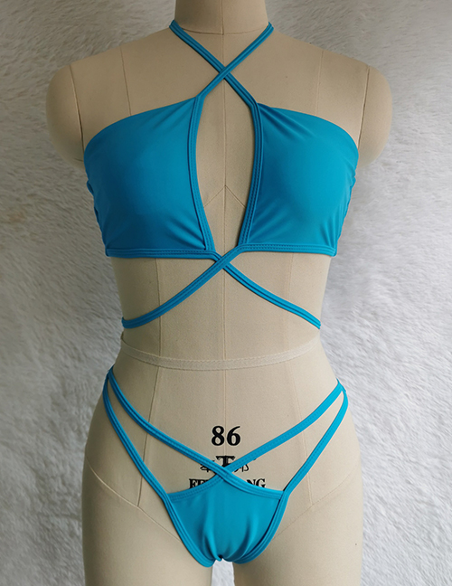 Fashion Lake Blue Polyester Cross Halter Cutout Split Swimsuit