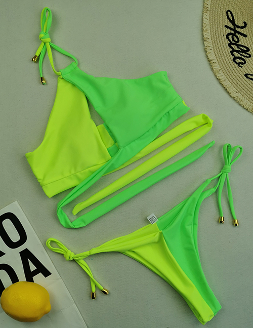 Fashion Green Plus Fluorescent Yellow Polyester Colorblock Lace-up Swimsuit