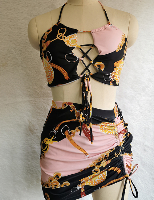 Fashion Pink Polyester Print Halter Drawstring Split Swimsuit Three Piece