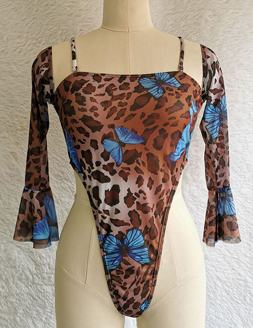 Fashion Leopard Print Polyester Long Sleeve Bandeau One Piece Swimsuit