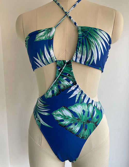 Fashion Green Leaves Polyester Print Cross Halter Cutout One Piece Swimsuit