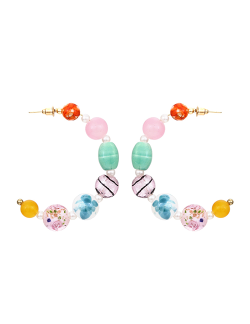 Fashion Mixed Color Geometric Print Glass Bead C-hoop Earrings
