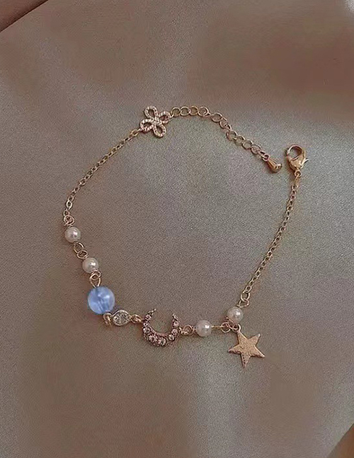 Fashion Blue Alloy Set Zirconium Moon Pearl Bracelet