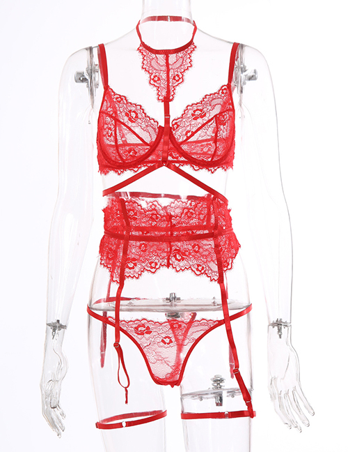 Fashion Red Lace Eyelash Stitching Cross Underwear Halter Garter Three-piece Set