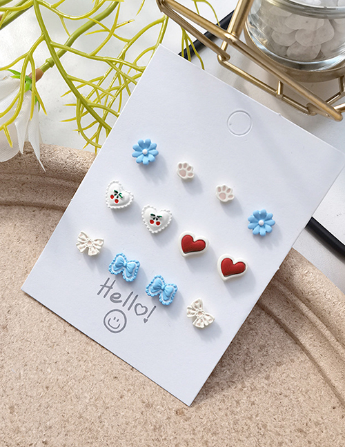 Fashion 9# Resin Heart Bow Flower Geometric Stud Earrings Set