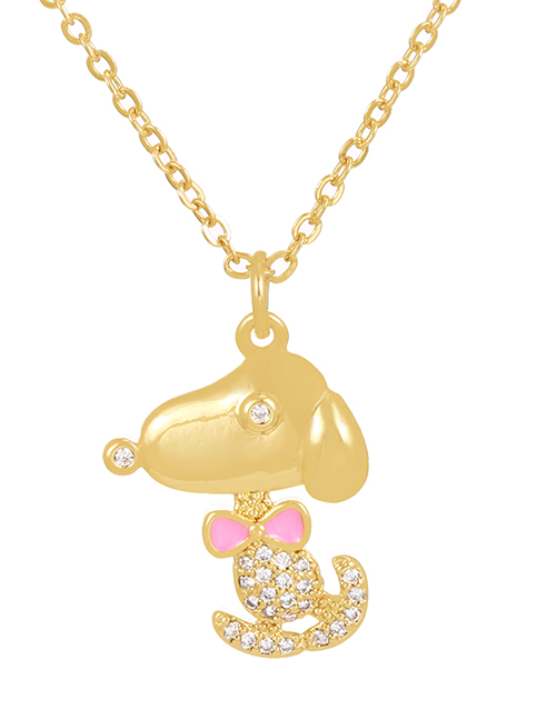 Fashion Pink Bronze Zircon Drop Oil Snoopy Pendant Necklace