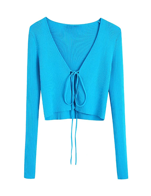 Fashion Lake Blue Ribbed Knit Lace-up Cardigan