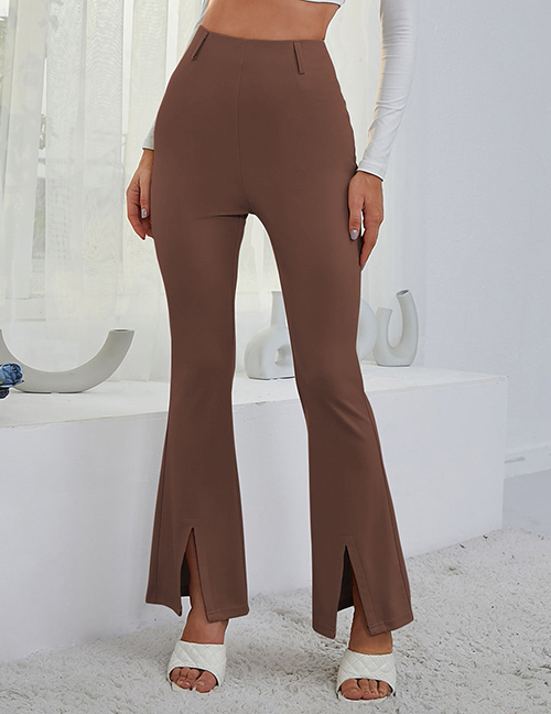 Fashion Chocolate Brown Polyester Slit Cropped Flared Trousers