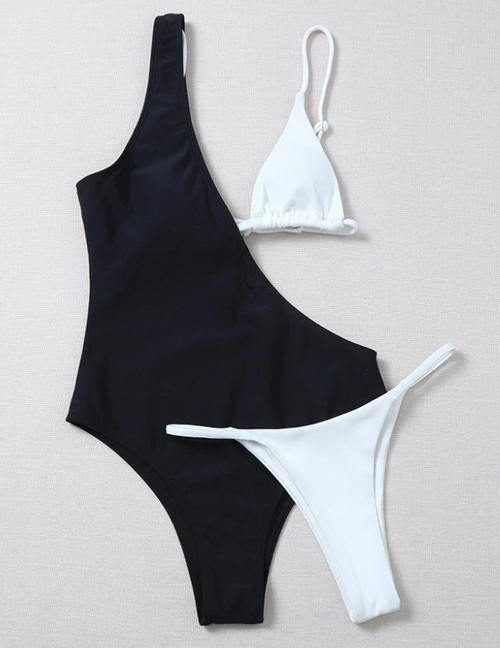 Fashion White With Black Polyester Pit Bar Colorblock Cutout One-piece Swimsuit