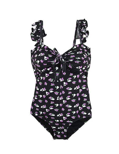 Fashion Black Nylon Floral Pleated One-piece Swimsuit