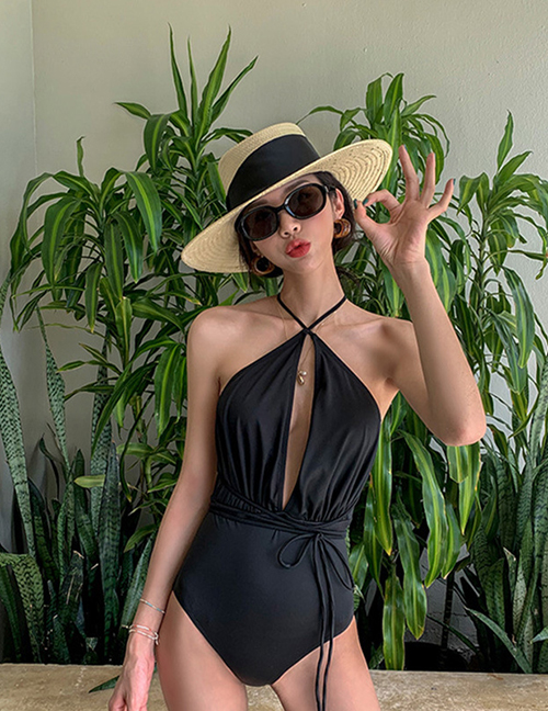 Fashion Black Polyester Cross Halter Cutout One Piece Swimsuit