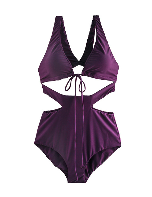 Fashion Purple Nylon V-neck Tie Cutout One Piece Swimsuit