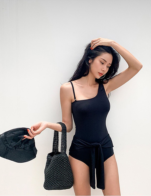 Fashion Black Polyester One-shoulder One-piece Swimsuit Sun Cover Two Piece