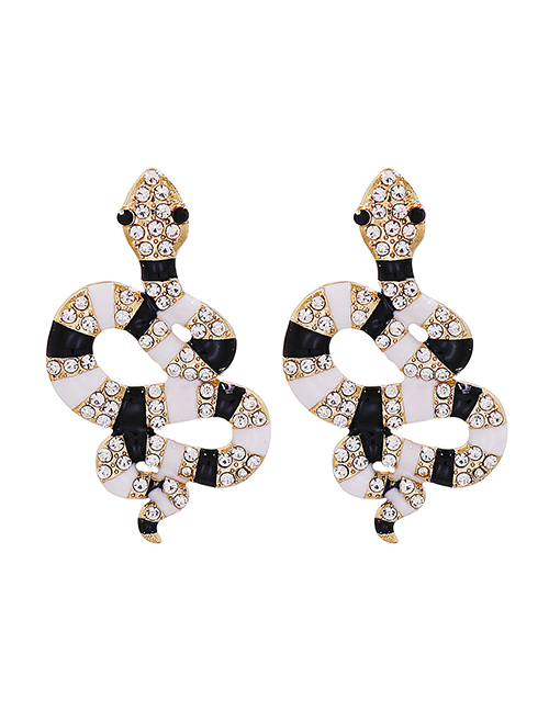 Fashion Black+white Alloy Diamond Drip Oil Snake Stud Earrings