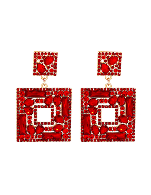 Fashion Red Alloy Diamond Geometric Square Stud Earrings