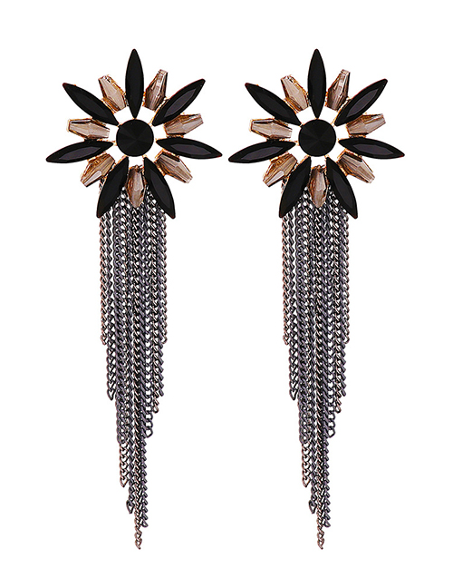 Fashion Black Alloy Diamond Geometric Tassel Drop Earrings