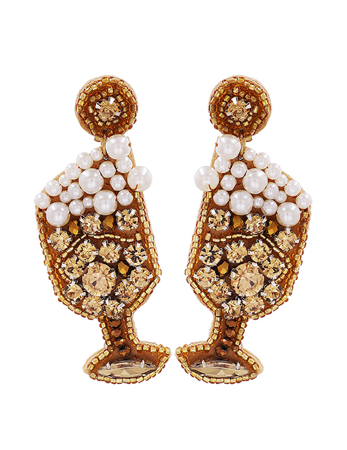 Fashion Brown Alloy Diamond And Pearl Goblet Stud Earrings