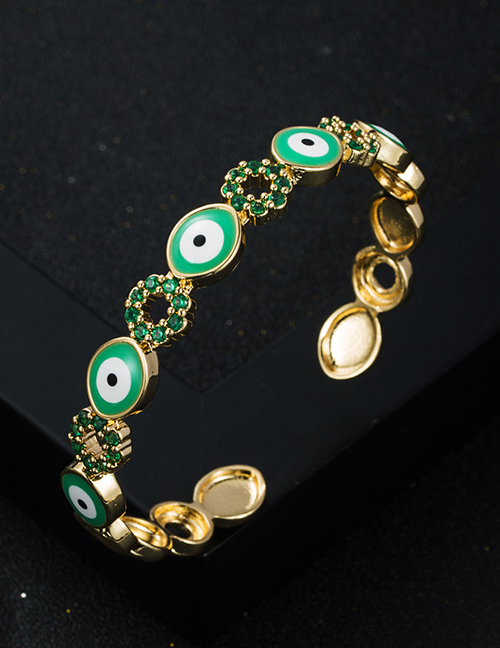 Fashion Green Brass Gold Plated Diamond Oil Eye Open Bracelet