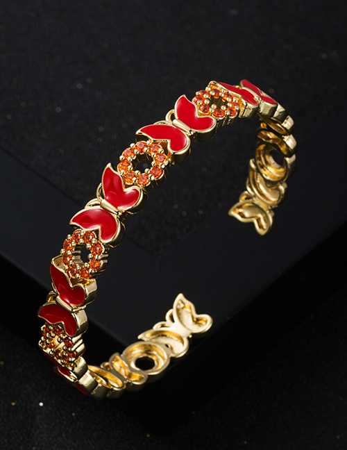 Fashion Red Gold Plated Copper Butterfly Bracelet With Diamonds And Oil Drops