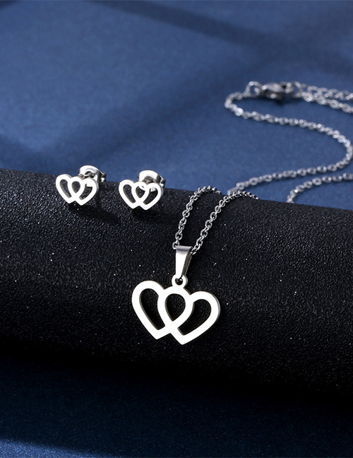Fashion Silver Stainless Steel Double Heart Stud Necklace
