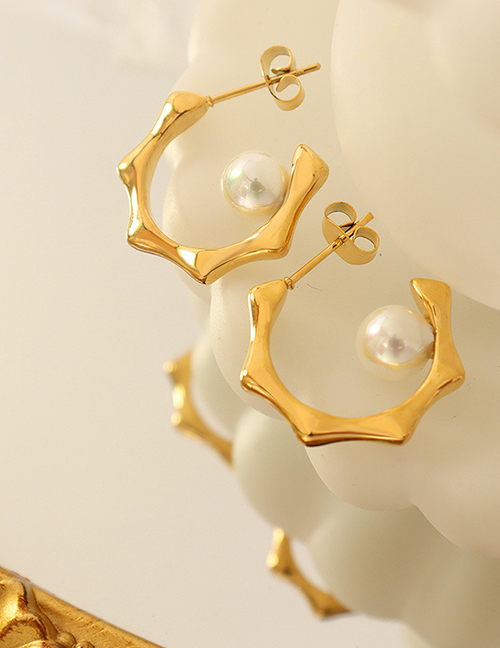 Fashion Gold Earrings Titanium Steel Gold Plated Geometric C-shaped Pearl Stud Earrings