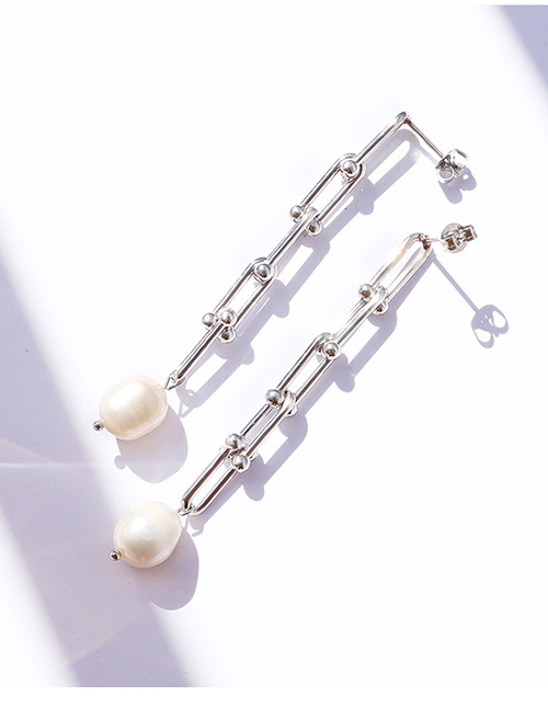 Fashion Pair Of Steel Earrings Titanium Steel Gold Plated Chain Pearl Drop Earrings