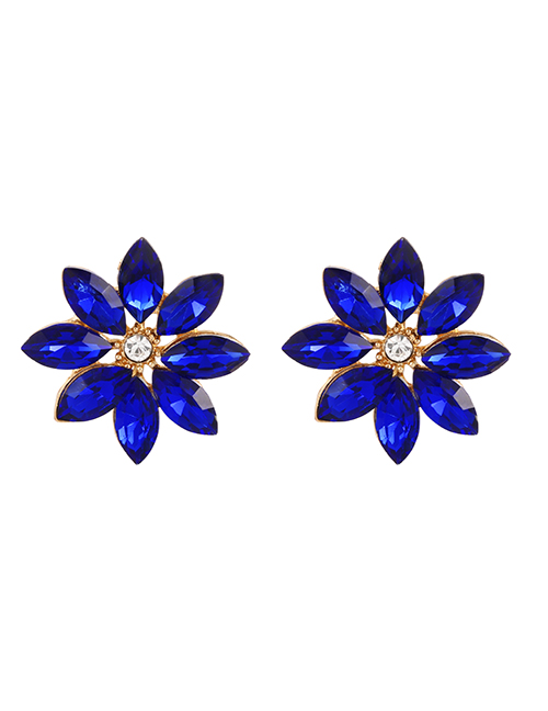 Fashion Navy Blue Alloy Diamond Flower Stud Earrings