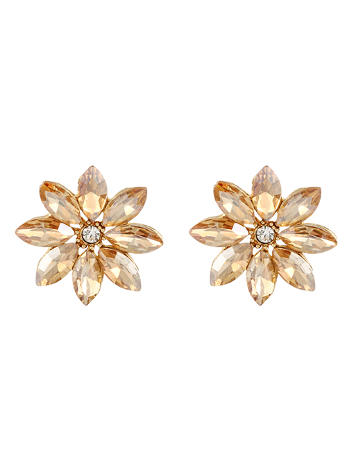 Fashion Khaki Alloy Diamond Flower Stud Earrings