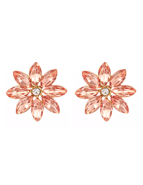 Fashion Leather Pink Alloy Diamond Flower Stud Earrings