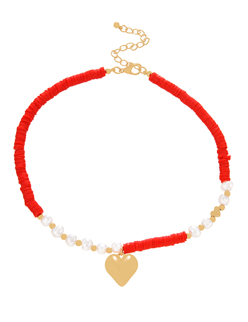 Fashion Red Clay Shard Pearl Heart Pendant Necklace