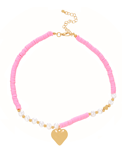 Fashion Pink Clay Shard Pearl Heart Pendant Necklace