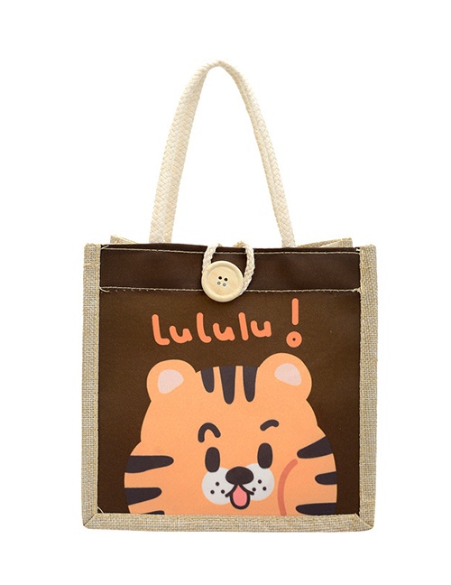 Fashion Brown Cotton Tiger Print Large Capacity Handbag