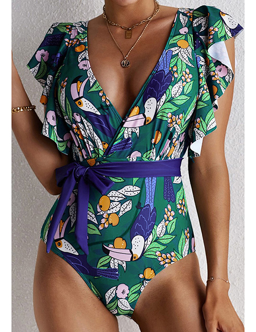 Fashion Blue Deep V Floral Ruffle One Piece Swimsuit
